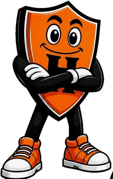 Hank the Shield standing with his arms crossed on freshly sealed asphalt