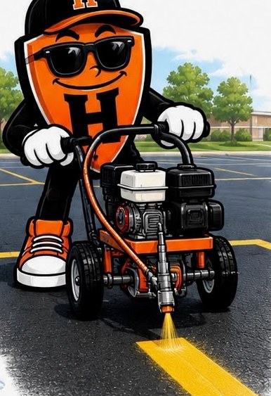 Hank the Shield in sunglasses running a line striper across a parking lot